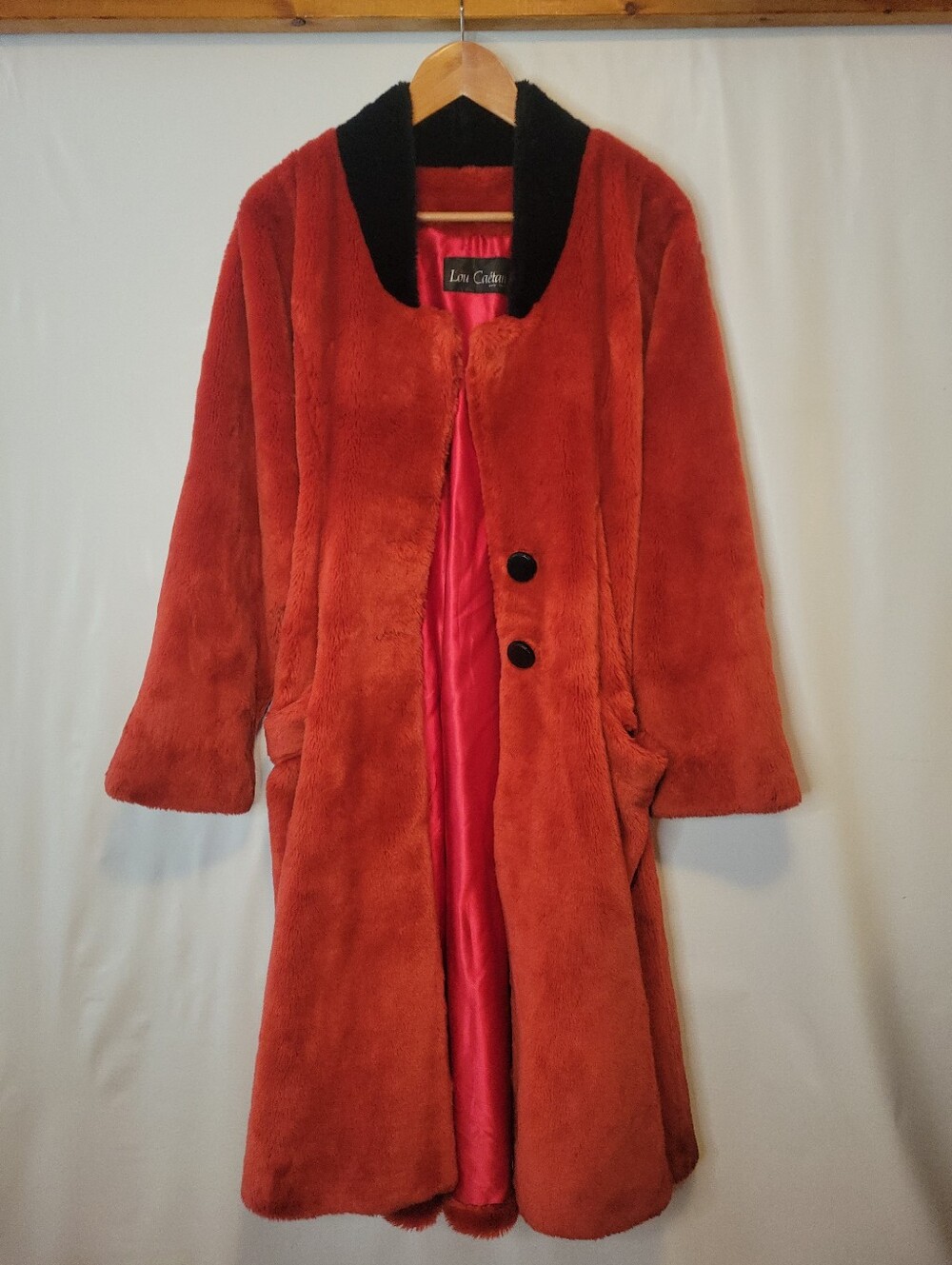 Vintage Blood Orange Red Lou Caétan Faux Fur Long Coat with Black Collar - Picture 2 of 13